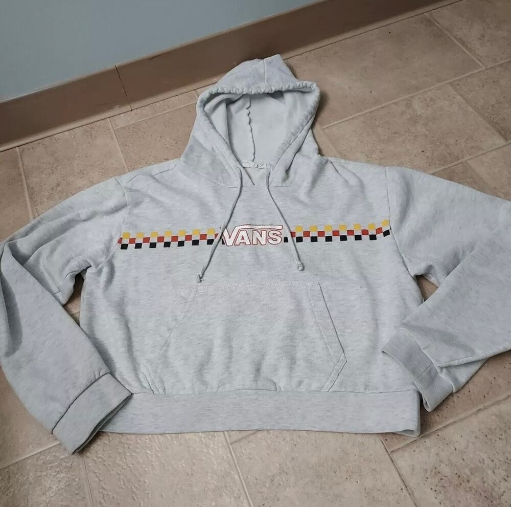 VANS OFF THE WALL Gray Embroidered Logo Cropped Hoodie Sweatshirt Women's Sz L